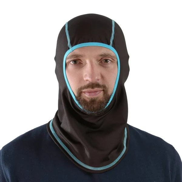 Brunette man in a blue shirt with a black balaclava with blue edging — Stock Photo, Image