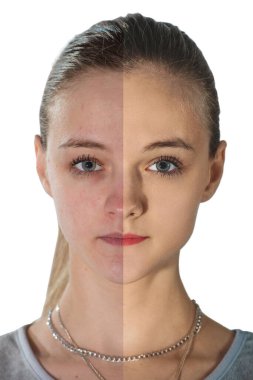 Beyaz arka planda güzel bir genç kadın, güzellik konsepti. Önce ve sonra rötuş yap. Yüzü iki parçaya ayrılmış, derisi kötü ve iyi durumda.