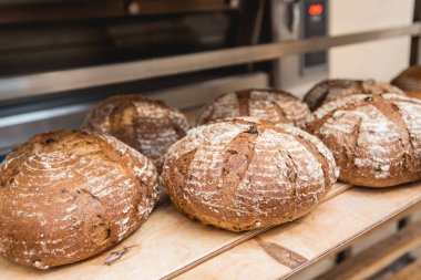 Fırının raflarında taze ekmek somunları