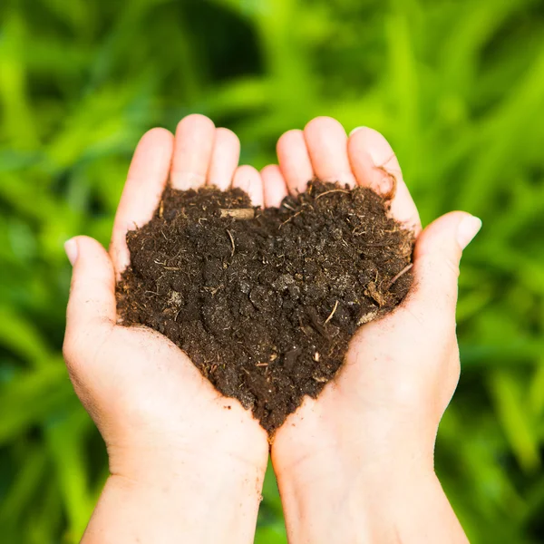 Hands holding an earth heart on natural green background. Ecolog — Stock Photo, Image