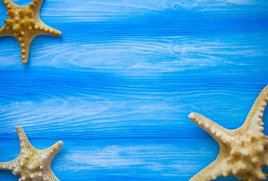 Deniz çerçeve. Mavi ahşap arka plan farklı deniz öğeleri. Deniz