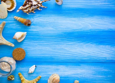 Deniz çerçeve. Mavi ahşap arka plan farklı deniz öğeleri. Deniz