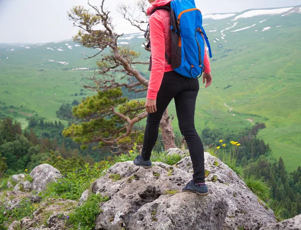 Mujer joven viajero con mochila senderismo en las montañas con beau — Foto de Stock