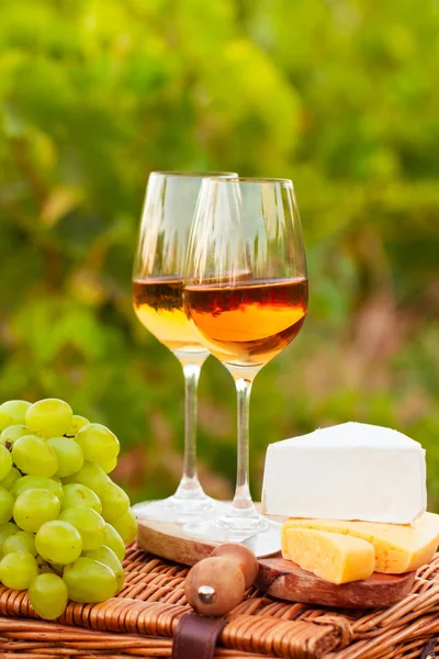 Various sorts of cheese, Two glasses of white wine in the garden — Stock Photo, Image
