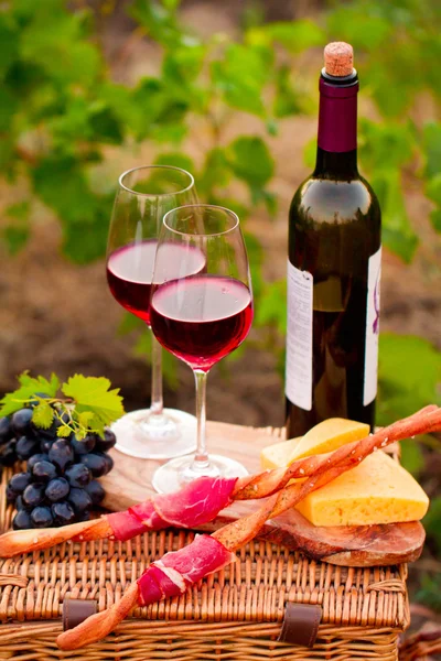 Dwie szklanki czerwonego wina z butelki, chleb, mięso, winogron i che — Zdjęcie stockowe