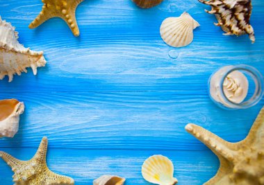 Deniz çerçeve. Mavi ahşap arka plan farklı deniz öğeleri. Deniz