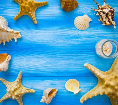 Deniz çerçeve. Mavi ahşap arka plan farklı deniz öğeleri. Deniz