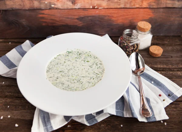 Sopa de verão fria com legumes e iogurte (okroshka). Russo — Fotografia de Stock