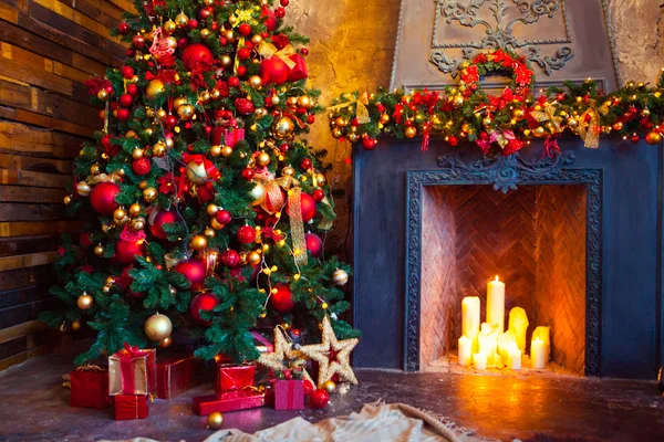 Christmas Room Interior Design, Xmas Tree Decorated By Lights Pr — Stock Photo, Image