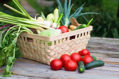 Harvest time. A basket of vegetables on a wooden table