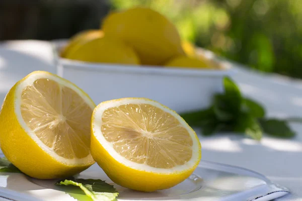 Свежий лимон и веточка мяты на естественном фоне — стоковое фото