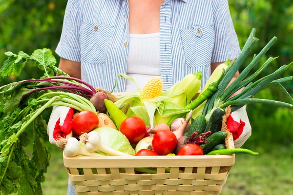 Close up Woman wearing gloves with fresh vegetables in the box i — Φωτογραφία Αρχείου