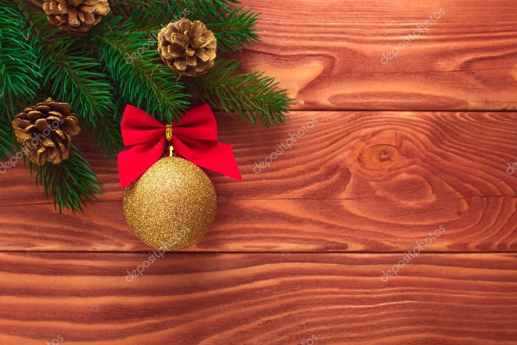 Christmas Fir Tree With Decoration On Dark Wooden Board Soft Fo