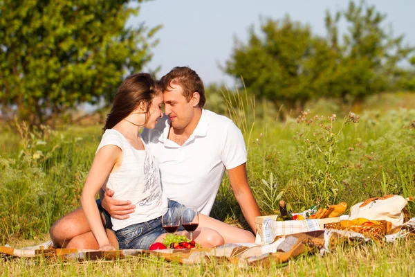 Unga vackra par i kärlek avkopplande på picknick utomhus — Stockfoto