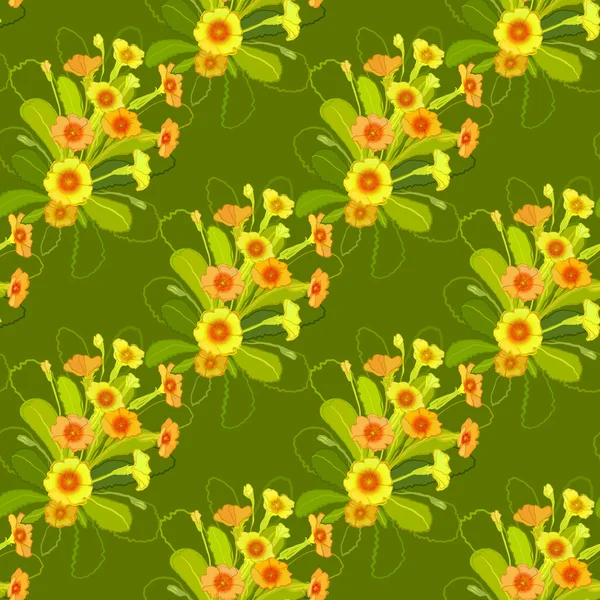 Green yellow primroses pattern. — Stock Vector