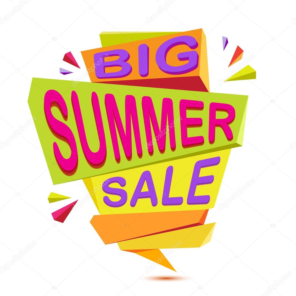 Big summer sale template banner on white background isolated. Orange, yellow, green colorful sunny abstract geometric banner design background. Sunny summer background. Vector illustration.