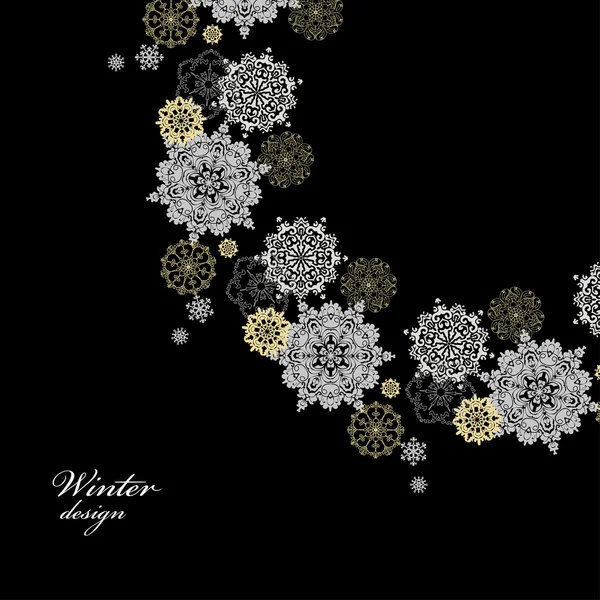 Diseño de invierno con copos de nieve blancos plateados — Vector de stock