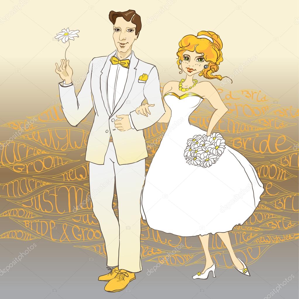 Hand Drawn Wedding Couple with Just Married text background