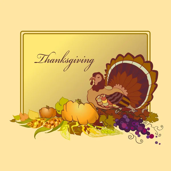 Thanksgiving firande banner med Turkiet, pumpa och majs — Stock vektor