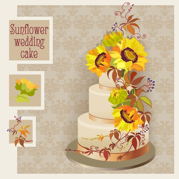 Desain kue pengantin dengan bunga matahari dan anggur liar - Stok Vektor