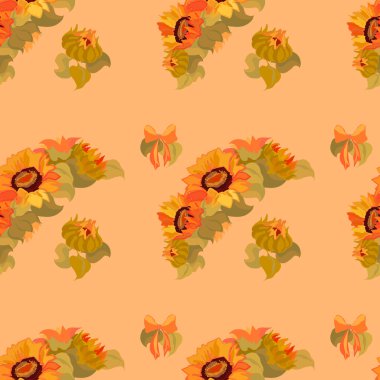 Ayçiçeği garland ve yay seamless modeli turuncu zemin üzerine