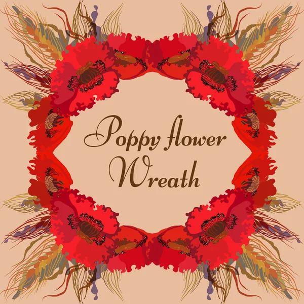 Corona floral con flores de amapola roja y espigas de trigo . — Vector de stock