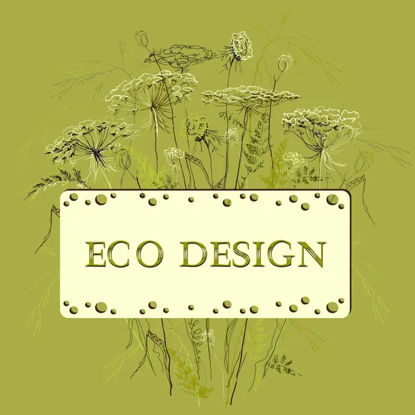 Hierbas verdes fondo floral y etiqueta ecológica. Ilustración vectorial — Vector de stock