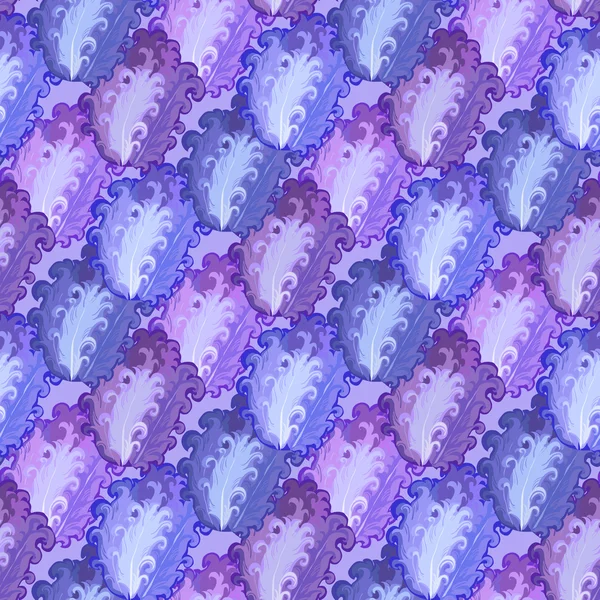 Bezešvé fialový paví pírko vektorové vzorek pozadí. — Stockový vektor
