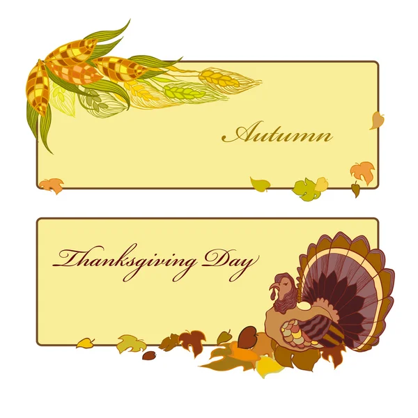 Thanksgiving day banner with corn, pumpkin and autumn leaves. — Stock Vector