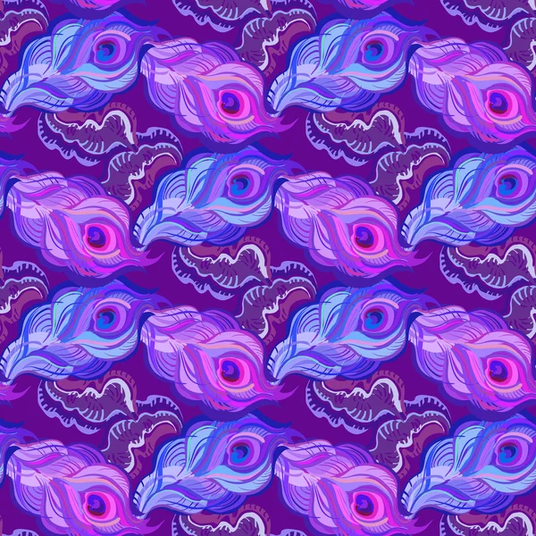 Seamless deep violet peacock feather vector pattern background. — Διανυσματικό Αρχείο