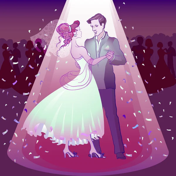 Couple dancing wedding dance in the spotlight — ストックベクタ