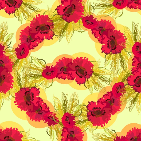 Seamless pattern of poppies and wheat. — 스톡 벡터