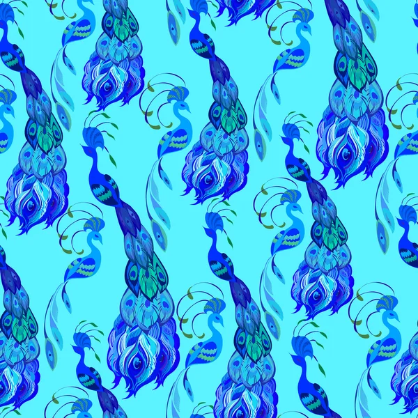 Des paons. fond bleu motif sans couture. Illustration vectorielle . — Image vectorielle