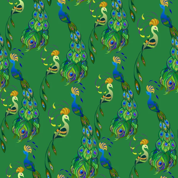 Peacock birds. Beautiful green seamless pattern background. Vector illustration. — Stockový vektor