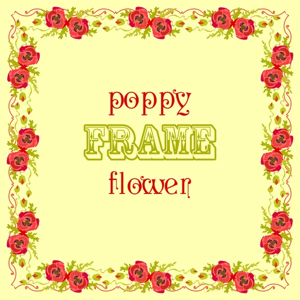 Frame with red poppy flowers and leaves. Floral decor background — Stockvector