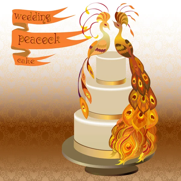 Wedding cake with couple peacocks. Golden, orange yellow design. — Stock vektor