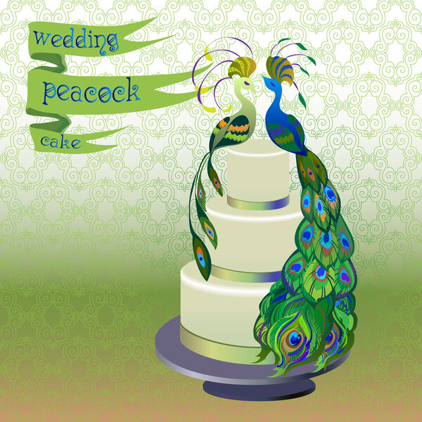 Wedding cake with couple peacocks. Green vector design.