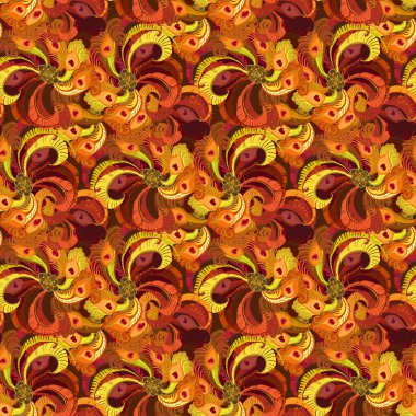 Beautiful golden orange and red peacock feathers, seamless pattern background.