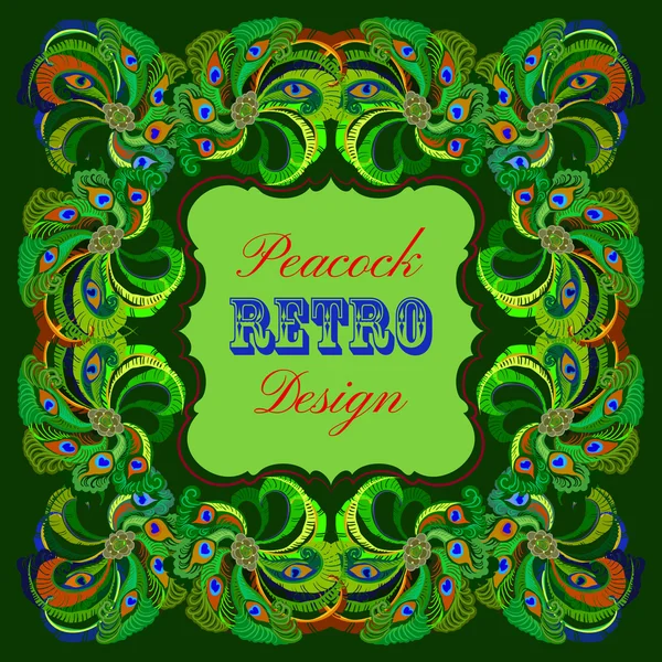 Marco verde con plumas de pavo real pintadas y etiqueta retro — Vector de stock