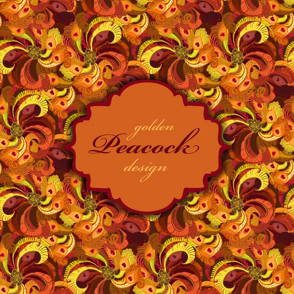 Golden orange and red peacock feathers pattern    background. Vintage label. — Stock Vector