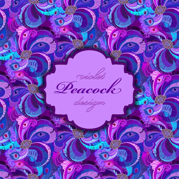 Violette, fliederfarbene und blaue Pfauenfedern im Hintergrund. Vintage-Label. — Stockvektor