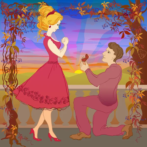 Evlenme teklifi. Adam vermek halka sevgilisini — Stok Vektör