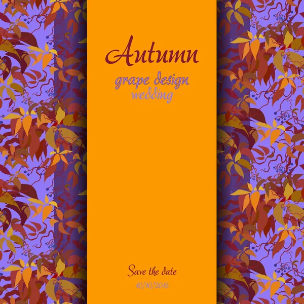 Uva de otoño con fondo de hojas de color naranja. diseño de boda frontera vertical . — Vector de stock