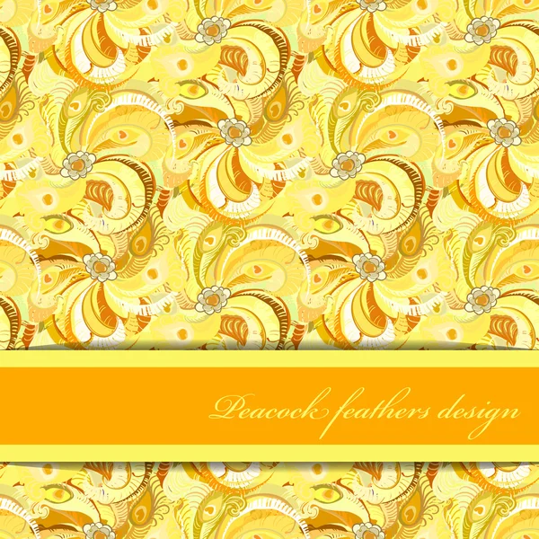 Jaune orange plumes de paon motif fond. Endroit texte . — Image vectorielle