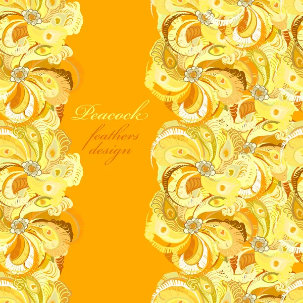 Jaune orange plumes de paon motif fond. Endroit texte . — Image vectorielle