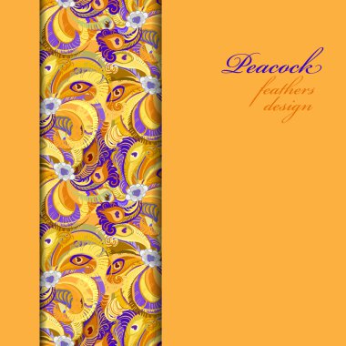 Orange vertical border peacock feathers pattern background. Text place.