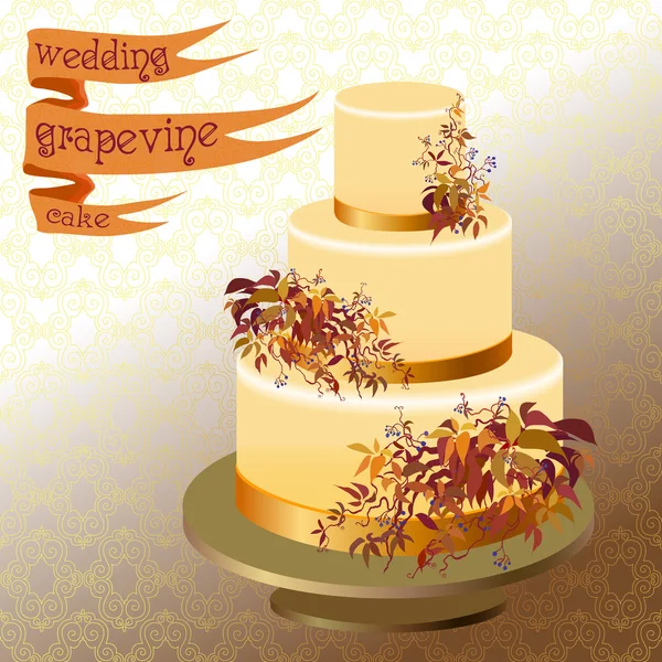 Wedding cake with autumn wild grape. Golden design. — Stockový vektor