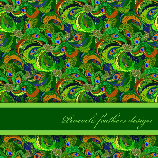 Verde naranja plumas de pavo real patrón de fondo. Lugar de texto . — Vector de stock