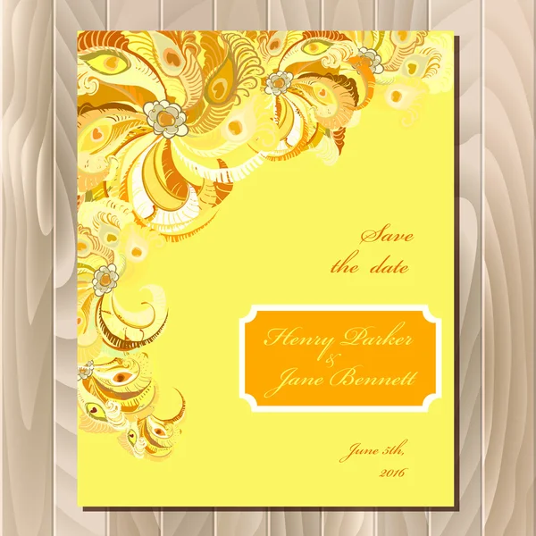 Peacock feathers wedding card. Printable vector background illustration. — ストックベクタ