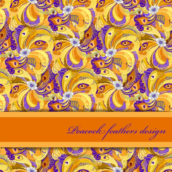 Orange peacock feathers pattern background. Text place. — Wektor stockowy